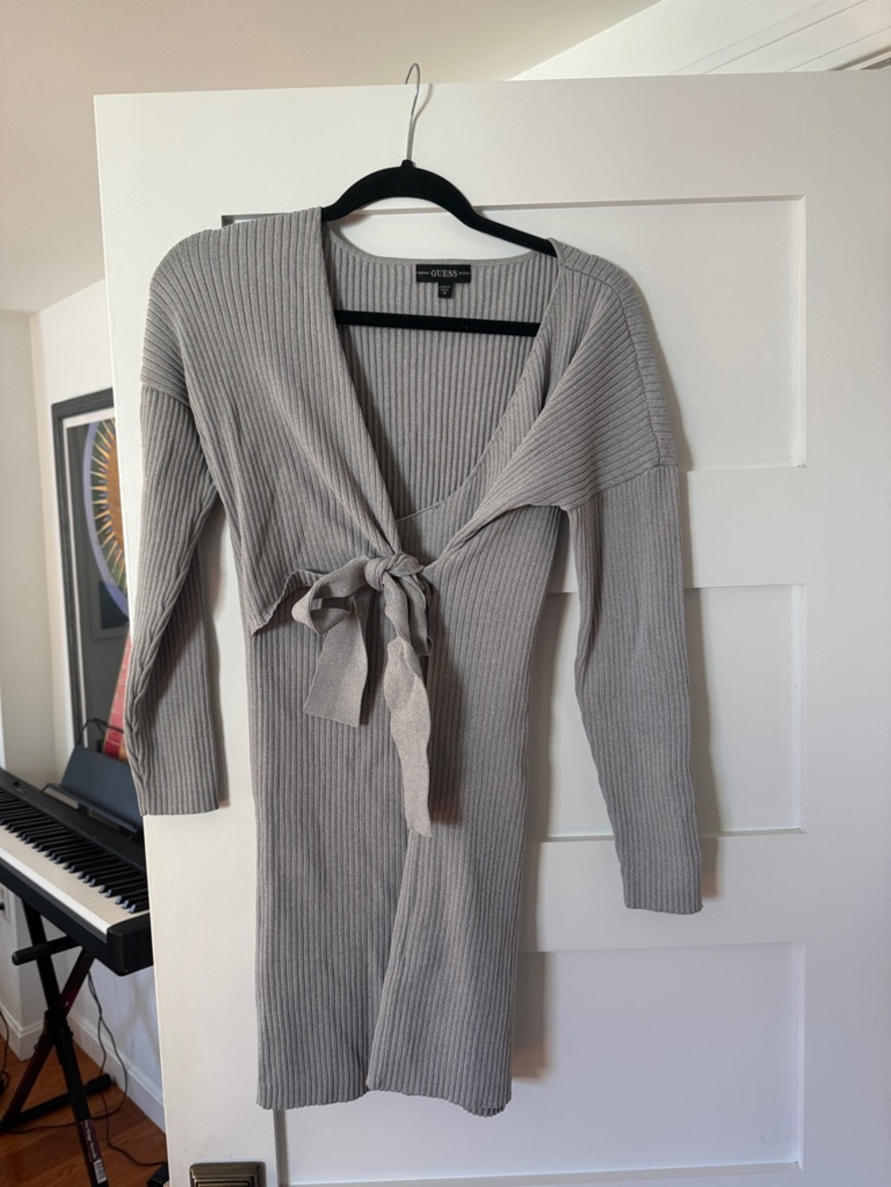 GUESS Light Gray Ribbed Tie-Front Knit Dress